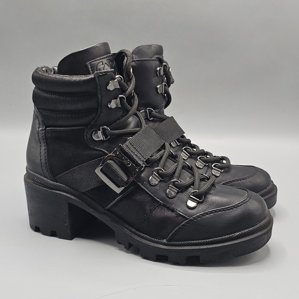 Guess GBC Side Zip Lace Up Combat Utility Black Size 6 1/2 GGrollin Chunky Heel
